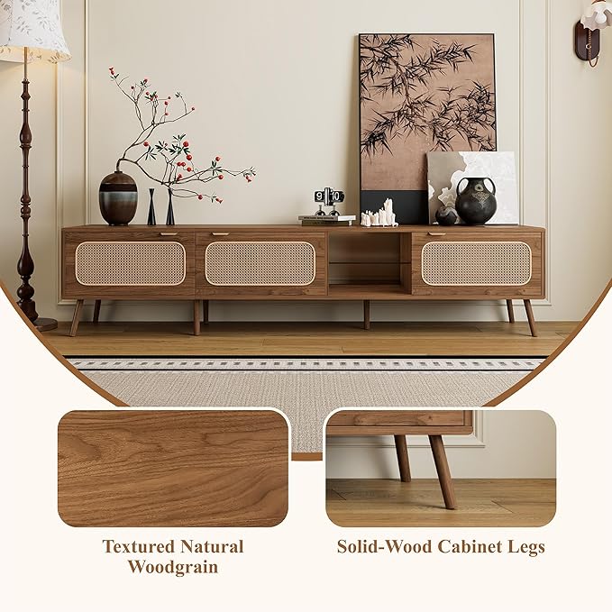 Marzzi Boho TV Stand for 85 Inch TV, 78" Entertainment Center with 3 Rattan Doors, Open Space with Glass Shelf, Walnut Media Console Cabinet for Living Room, Solid Wood Legs