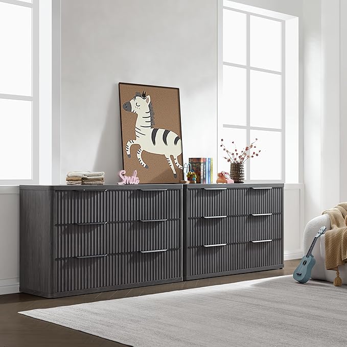 SICOTAS Dresser for Bedroom 6 Drawer Dressers & Chests of Drawers for Closet Long Large Modern TV Stand Set for Clothes Storage Fluted Wide Clothes Closet for Hallway Entryway, Dark Grey Alder
