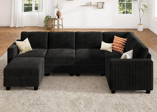 HONBAY Plush Corduroy Sectional Couch with 6 Seaters U-Shaped Modular Sectional Sofa with Storage Sectional Couches for Living Room, Black