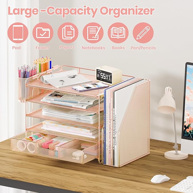 Desk Organizers and Accessories with File Holder, 5-Tier Office Desk Accessories & Workspace Desktop Organizer with Drawer and 2 Pen Holder, File Paper Organizer for Office Supplies(Rose Gold)