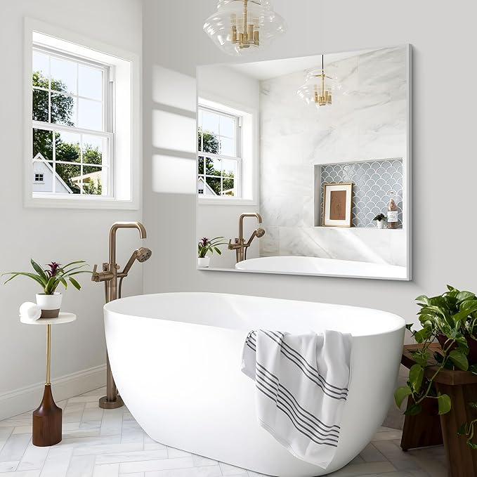 BONEWEI Silver Bathroom Mirror,48x48 inch Wall Mirror for Bathroom Wall Mounted,Large Rectangle Mirror for Bathroom Over Sink,Modern Metal Frame for Living Room,Bedroom Entryway,Horizontal/Vertical
