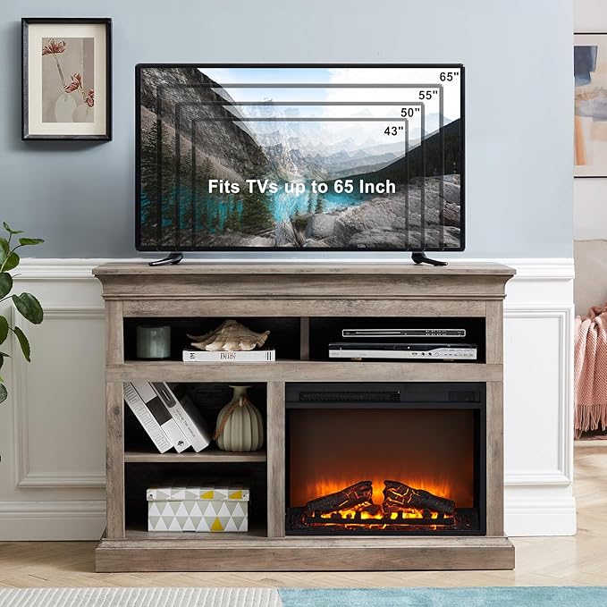Fireplace TV Stand for TVs Up to 65 Inches, Farmhouse Entertainment Center with 23" Fireplace & LED Lights, Rustic Media Console with Sliding Barn Door and Open Shelves
