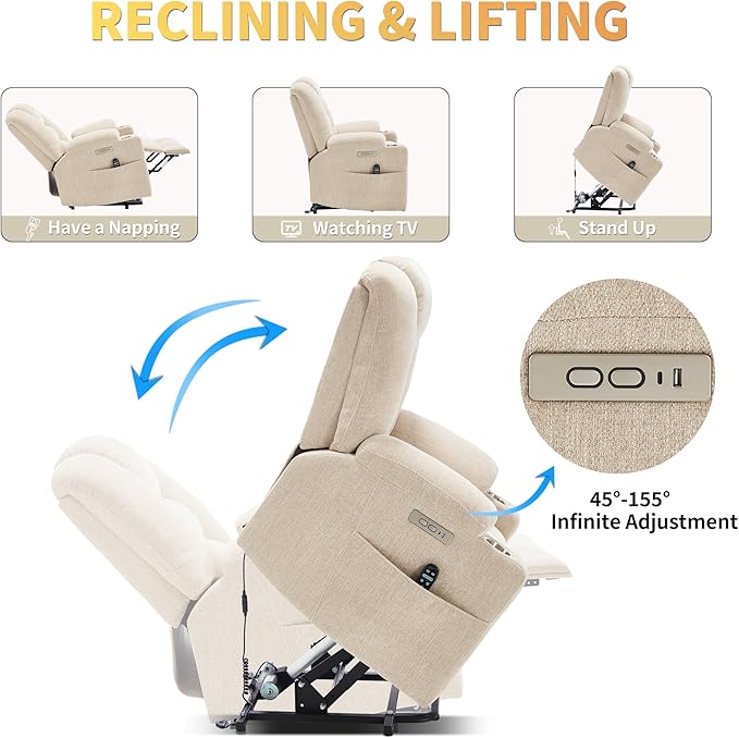 Power Lift Chair with Massage & Heat, Electric Recliner Chairs for Adults, Remote Control, Living Room Sofa, Standing Assistance, USB Ports, Stainless Steel Cup Holders, Chenill, Beige