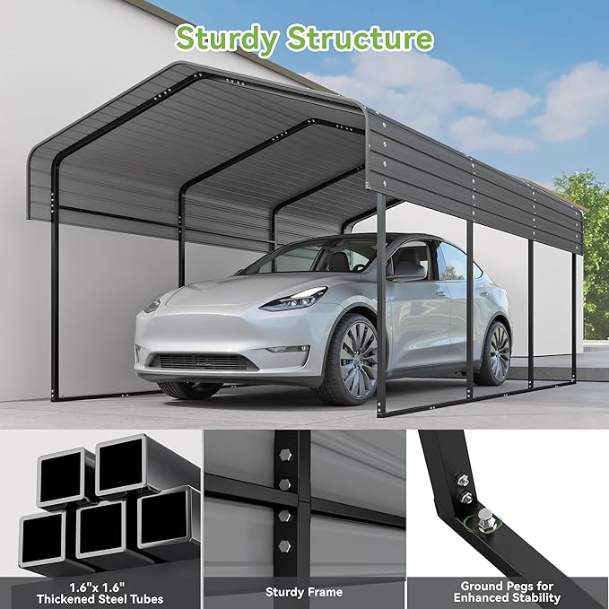 Real Relax 10x15FT Heavy Duty Metal Carport, Outdoor Carport Canopy with Galvanized Steel Roof and Reinforced Base for All-Weather, Garage Shelter Shade for Trucks, Boats, Party, Gray