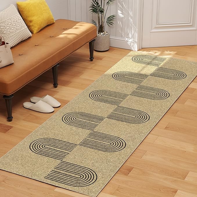 Easy Jute Runner Rug 2x6, Washable 2x6 Kitchen Mat Non Slip Entryway Runner, Farmhouse Rainbow Pattern Indoor Outdoor Carpet for Hallway Porch Entryway, Light Brown/Black