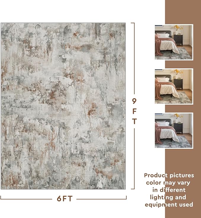 tchdio Area Rug 6x9 Rugs for Living Room- Abstract Soft Living Room Rug-Non Slip Carpet-Machine Washable Rug for Bedroom Dining Room Home Office Modern Rugs Light Light Grey/Brown/Red