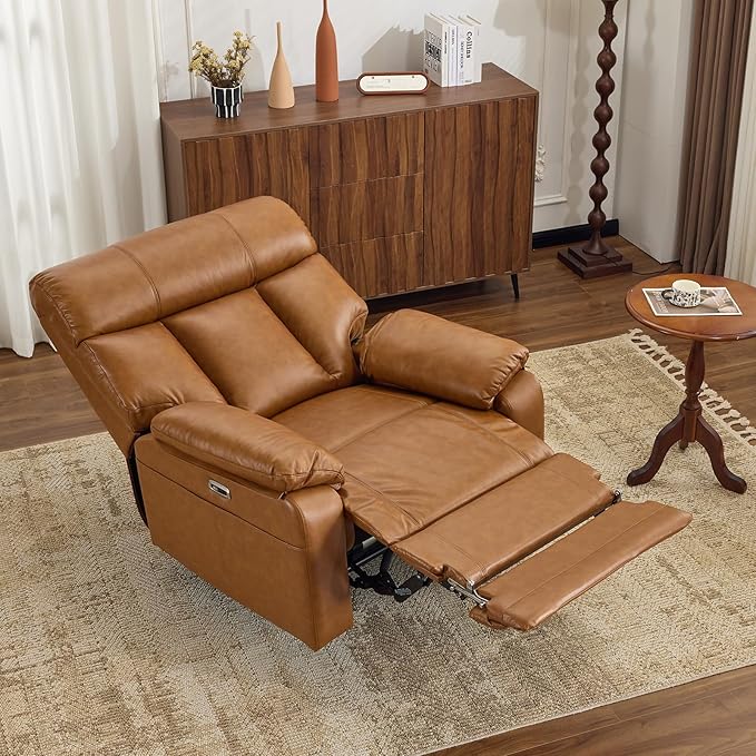 AEDI 450lbs Genuine Leather Power Recliner Chair for Big and Tall Adults Oversized Electric Reclining Sofa for Living Room,Extra Wide 27.5” Seat,Extended Footrest,USB Charging(Top Grain Leather,Camel)
