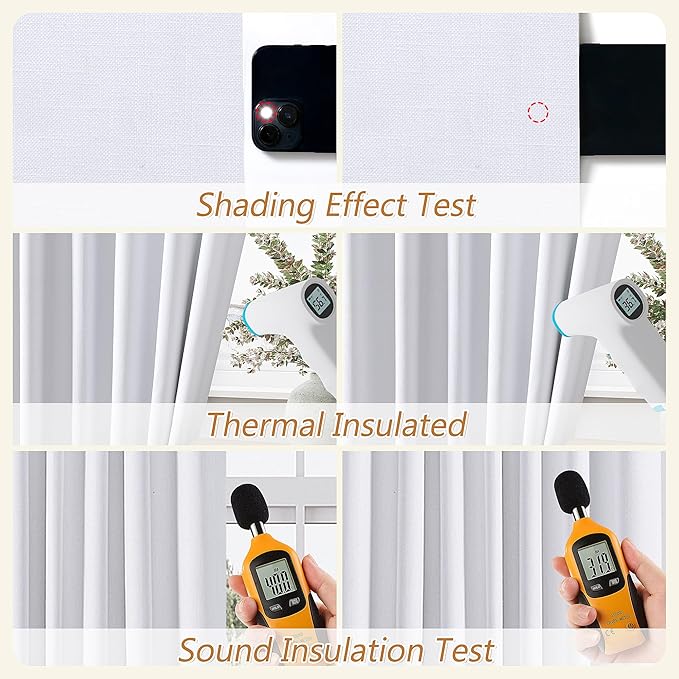 Guken White Linen Blackout Curtains 132 Inch Length 2 Panels Set for Living Room Bedroom Back Tab Thermal Insulated 100% Black Out Linen Drapes Room Darkening Window Curtains 132 Inches Long White