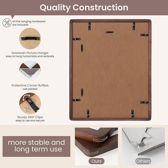 16 x 20 Picture Frame - Solid Walnut Wood 16''x20'' Poster Frame, 16 x 20 Picture Frame With Mat For 11x14, Tempered Glass and Hanging Hardware Included, 20 x 16 Frame Wood, Natural Walnut