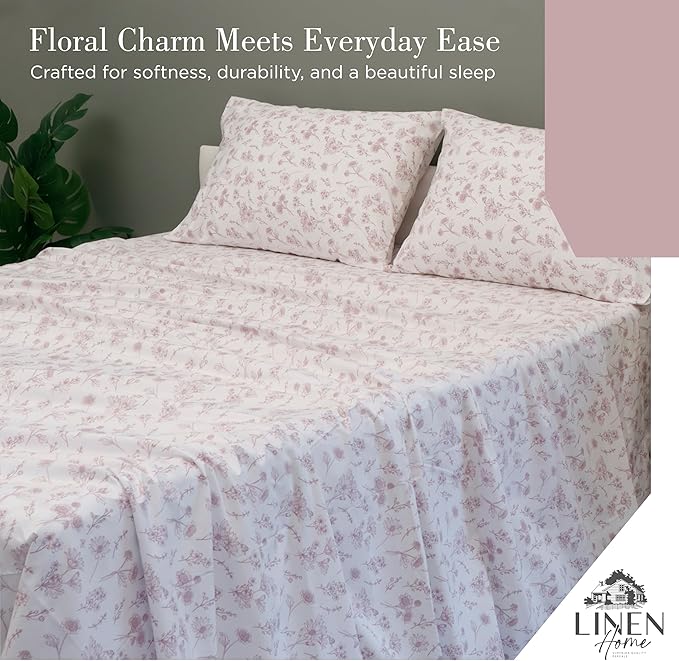 Linen Home 100% Cotton Printed Percale Sheets King Size, Deep Pocket, 4 Pieces Set - 1 Flat, 1 Deep Pocket Fitted Sheet and 2 Pillowcases, Crisp Cool and Strong Bed Linen, Mauve Botanical Floral
