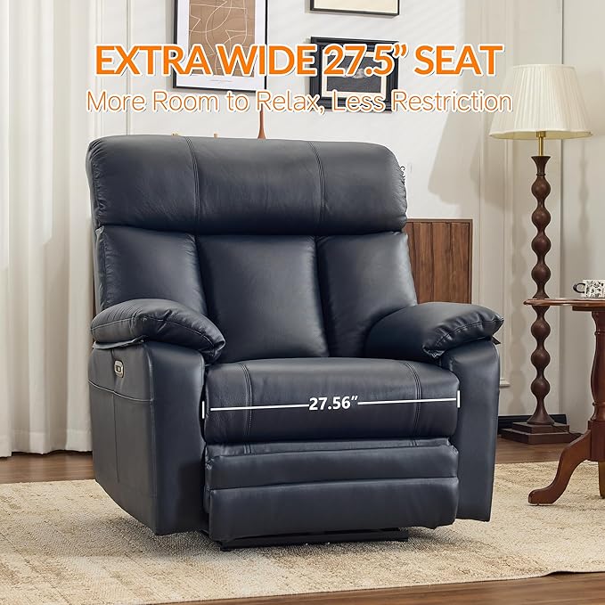 AEDI 450lbs Genuine Leather Power Recliner Chair for Big and Tall Adults Oversized Electric Reclining Sofa for Living Room,Extra Wide 27.5” Seat,Extended Footrest,USB Charging,Dark Blue