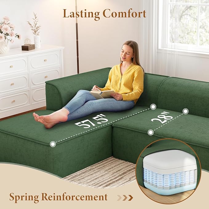 Vesgantti 106" Cloud Couch Sectional Modular Sofa, Deep Seat Comfy Cloud Couch Chenille Memory Foam Sofa Modular Couches for Living Room Bedroom, No Assembly Required (Green, Left-Facing Chaise)