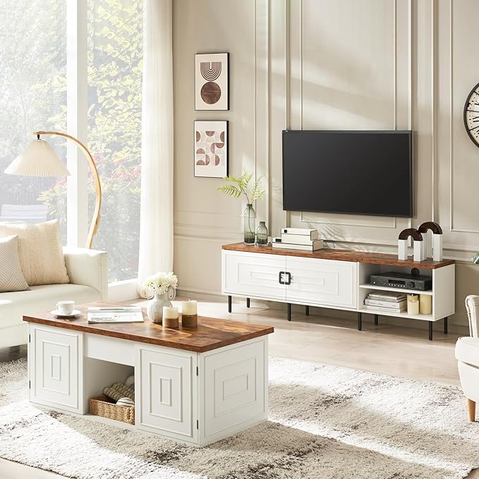 White TV Stand for Living Room, 70" Farmhouse TV Stand for 50/60/70/80 inch TV, Modern Entertainment Center with Adjustable Shelf and Cabinets, Long Media Console Table with Solid Feet