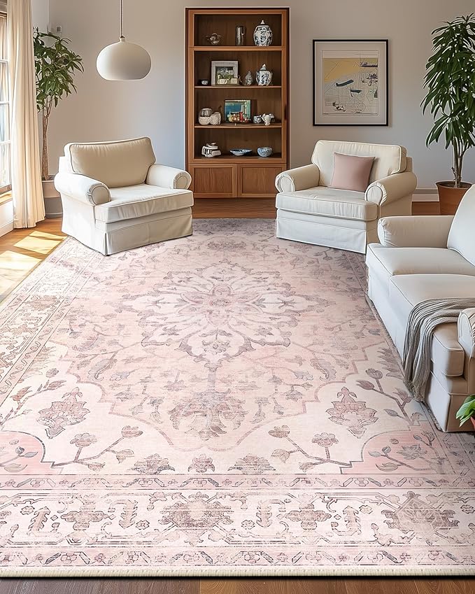 Area Rugs 9'x12' Washable Non-Slip, Floral Vintage Distress Print Pattern Medallion Carpet for Living Room Bedroom Dining Room, Pink Greypink Cute