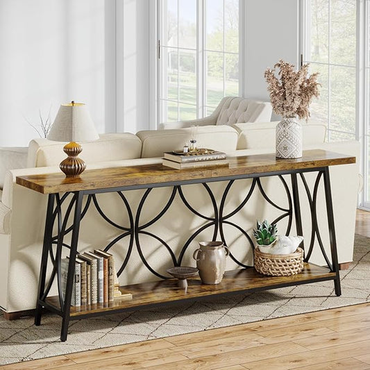 70.9-Inch Sofa Table, 2-Tier Narrow Console Table with Storage for Living Room, Entryway, Hallway, Foryer, Geometric Pattern Design (Rustic Brown)