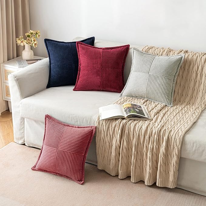 MIULEE Decorative Throw Pillow Covers for Couch Bed Livingroom 16x16 Inch Set of 2 Cranberry Red Boho Accent Throw Pllows Broadside Striped Patchwork Soft Corduroy Pillowcases