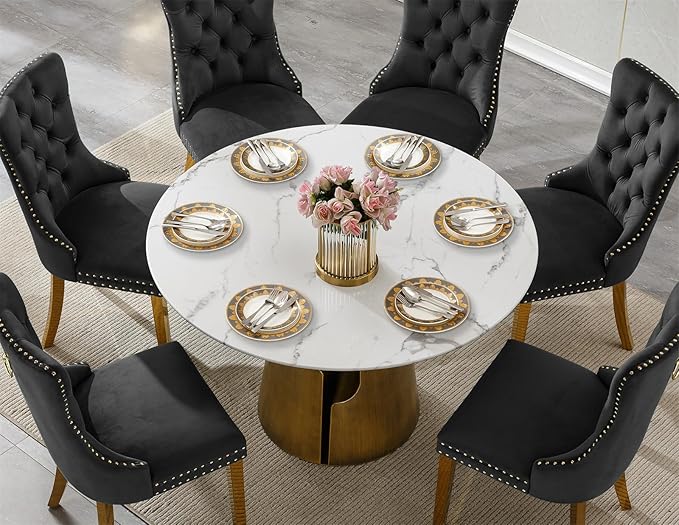 7-Piece Faux Marble Round Dining Table Set for 6, Modern Luxury Kitchen Table Set for 6 with Black Tufted Chairs,Circle Dining Tables with White Marble Grain Top and Bronze Pedestal Base