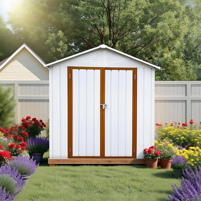 6 x 4 FT Outdoor Storage Metal Shed, Bike Garden Tool Shed with Slooping Roof, Lockable Doors and Aluminum Frames, Shed Easy to Assemble for Garden, Patio, Lawn, White+Yellow