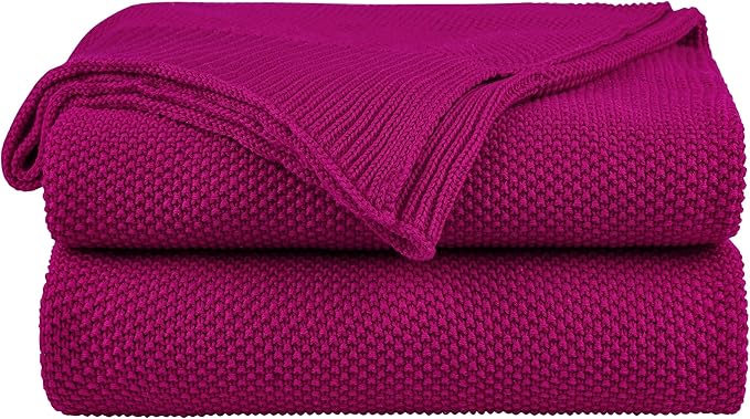 PiccoCasa 100% Cotton Knit Throw Blanket,Solid Lightweight Decorative Throws and Blankets,Soft Knitted Throw Blanket for Sofa Couch, Fuchsia 50" x 60"