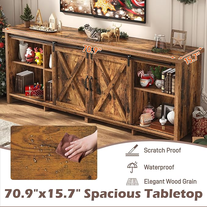 Farmhouse TV Stand for 80 Inch TV with Sliding Barn Door, Rustic Wood Entertainment Center Large Media Console Cabinet Long Television Stands,Console Table and Media Furniture for Living Room(Brown)