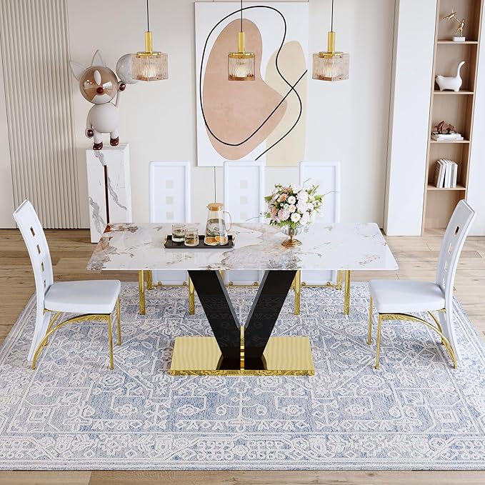 71'' Dining Table Set for 8,Rectangular Dining Room Table Set for 8,Marble Dining Table with 8 PU Leather Dining Chairs,Gold Dining Room Table with Glossy V-Shaped Base Ideal for Kitchen