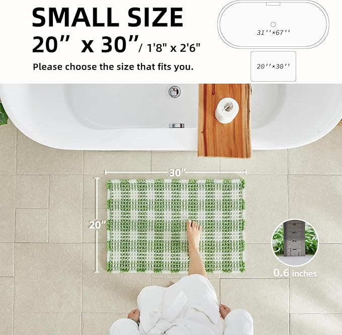 Waffle Bath Mat, Boho Bathroom Rugs Non Slip Washable Absorbent Checkered Bathroom Mat Quick Dry Cute Bath Mat, 30"x20" Green and White
