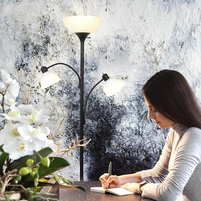 Brightech Sky Dome Double LED Floor lamp, Torchiere Super Bright Floor Lamp with 2 Reading Lamps for Living Rooms & Offices - Dimmable Tall Standing Lamp for Bedroom Reading - Tall Black Pole