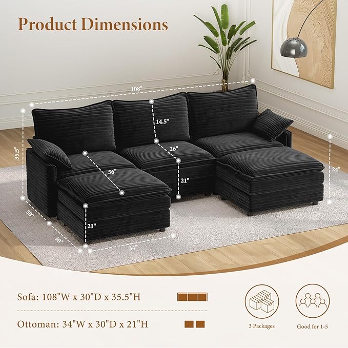 Vesgantti 108" U Shaped Sectional Couch, Comfy Cloud Modular Sectional Sofa with 2 Ottoman Deep Seat Corduroy Modern Cloud Sofa, Modular Sofas for Living Room, Bedroom and Apartment, Gray