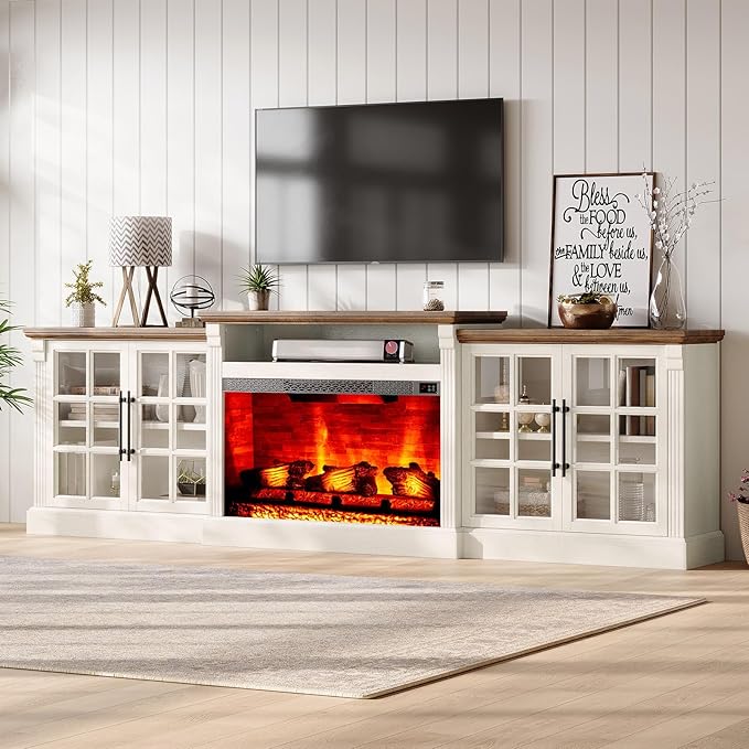97" Farmhouse TV Stand with 33" Fireplace for TVs up to 100", Media Entertainment Center with Large Storage Cabinet and Adjustable Shelves for Living Room, White/Barnwood