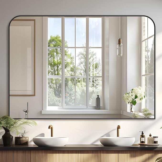 Bathroom Mirror, Wall Mirrors, Black Metal Framed Wall-Mounted Mirrors, Bathroom Vanity Mirror for Over Sink, Living Room, Bedroom, Entryway, 48x36 Inch, Black