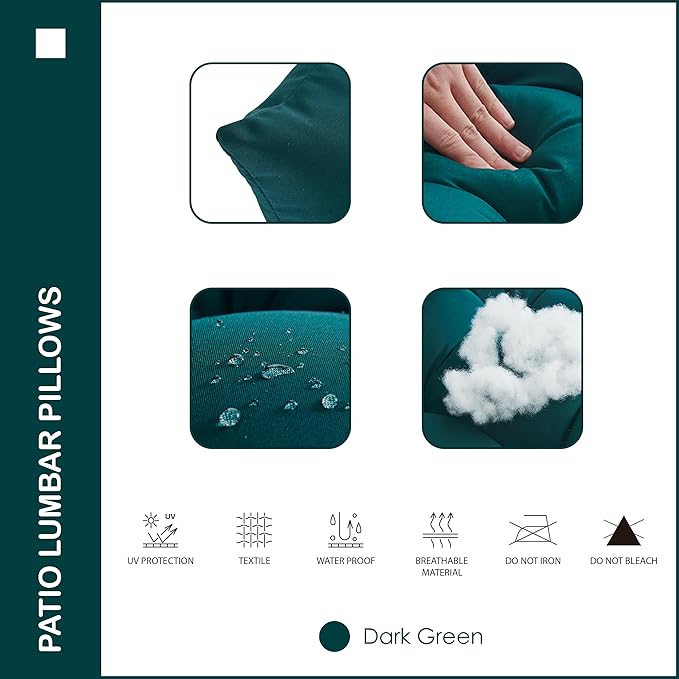 Indoor Outdoor Lumbar Pillows,Waterproof Outdoor Pillows Set of 2 for Patio Furniture,12×20 Inch,Dark Green