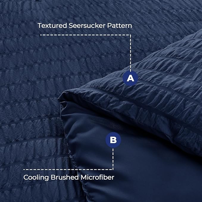 HYMOKEGE Navy Blue Full Size Comforter Sets Seersucker 7 Pieces, All Season Luxury Bed in a Bag for Bedroom, Bedding Set with Comforters, Sheets, Pillowcases & Shams