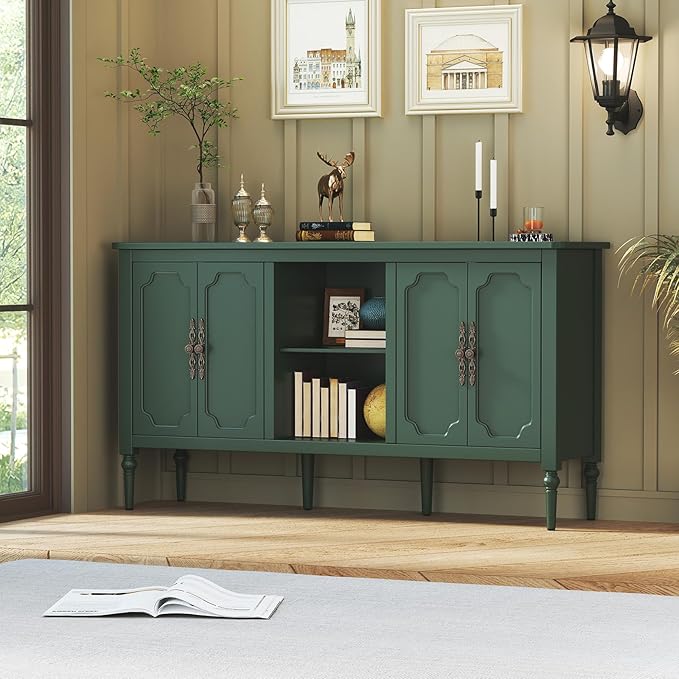 Vintage Buffet Sideboard Cabinet with 4 Doors, 59" Mid Century Modern Storage Cabinet with Shelf, Decorative Accent Credenza TV Stand (Green)