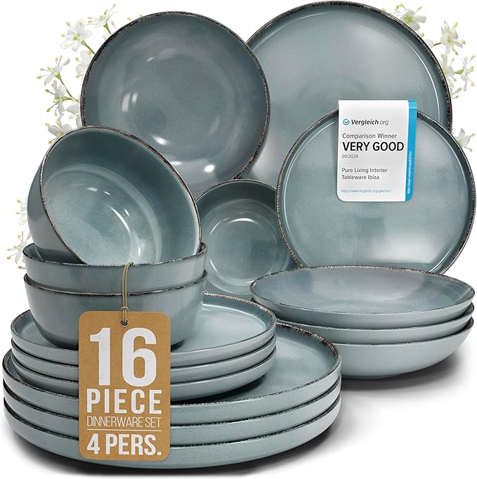 Stoneware dinnerware set 4 persons Rustic 16 pcs - Rustic design dinnerware set, dishwasher safe - Bowl and plate set - Pure Living dinnerware in smoky blue…