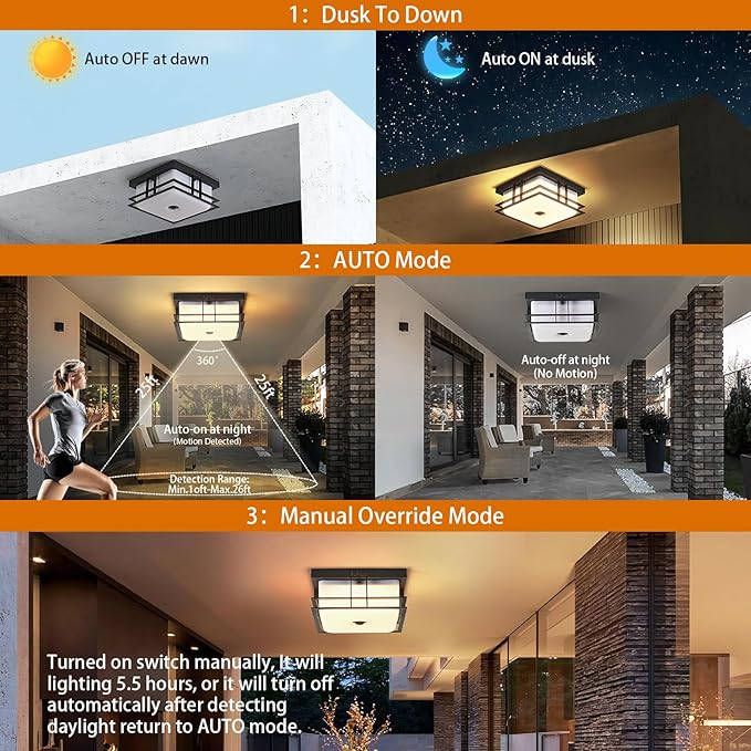 Motion Sensor Outdoor Ceiling Light Industrial Design with Acrylic Shade for Porch,Patio,Balcony,Garage,24W 5CCT LED Porch Ceiling Light
