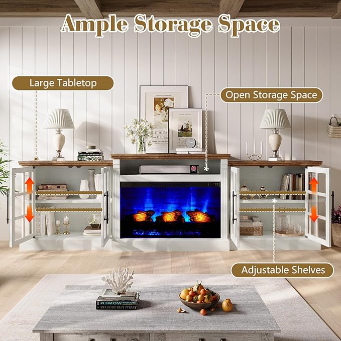 97" Farmhouse TV Stand with 33" Fireplace for TVs up to 100", Media Entertainment Center with Large Storage Cabinet and Adjustable Shelves for Living Room, White/Barnwood