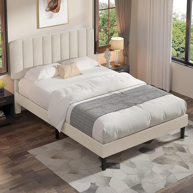 VECELO Full Size Bed Frame with Upholstered Headboard, Velvet Platform Bedframe Mattress Foundation, Strong Wood Slat Support, No Box Spring Needed,Velvet Beige