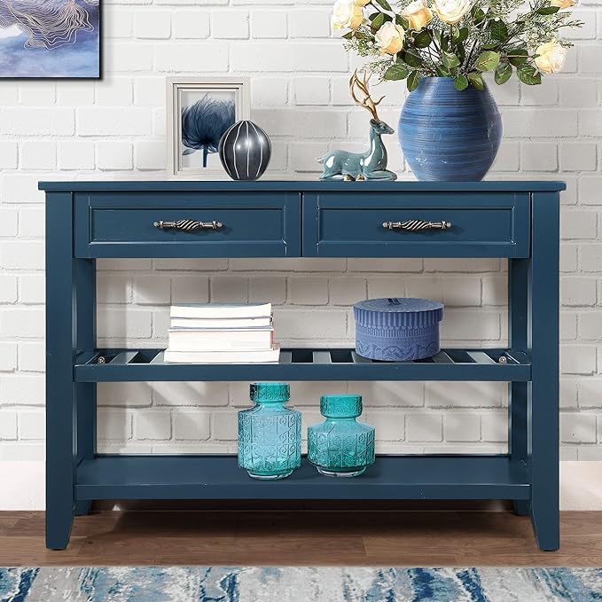 42inch Mid-Century Wood Console Table with 2 Drawers and 2 Bottom Shelf Sofa Table Solid Wood Sideboard(Navy Blue)
