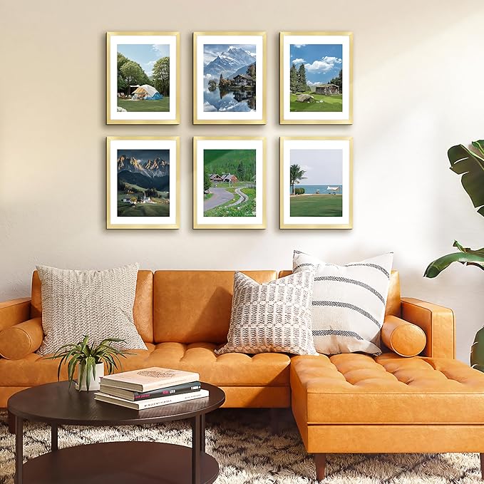 FIXSMITH 11x14 Picture Frame Set of 2, Photo Frame with HD Plexiglass, Display Pictures 8x10 with Mat or 11x14 Without Mat, Gold Picture Frames Collage Wall Decor, Gallery Wall Frame