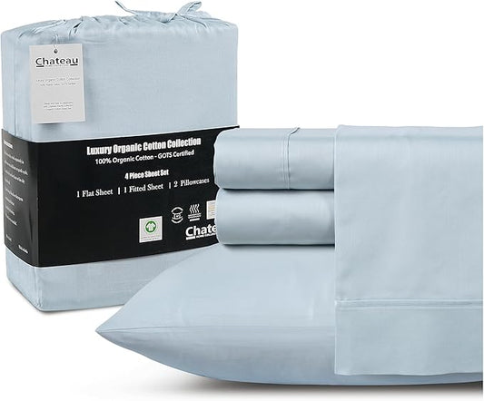 300 Thread Count 100% Organic Cotton Twin Bed Sheets Set,15" Deep Pocket Light Blue Sheets Twin, Soft & Comfy Machine Washable Luxury Blue Bedding, No Pilling & Shrinkage Fade Resistant Premium Cotton