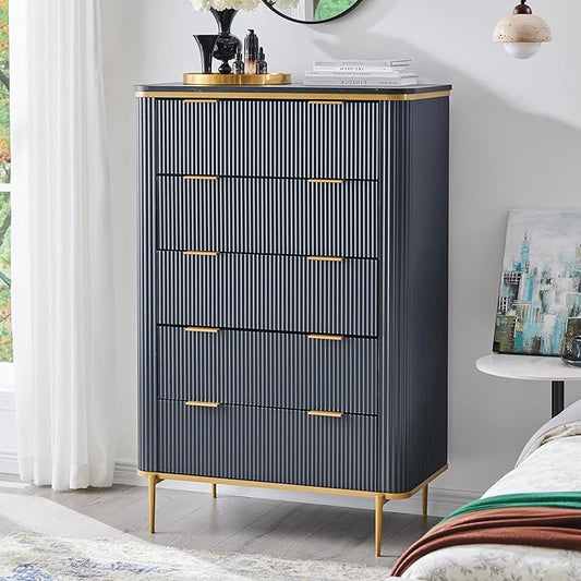 T4TREAM Fluted 5 Drawers Dresser for Bedroom, 48" Tall Modern Dresser Chest of Drawers, Gold Accents, Fluted Fronts, Wood Storage Dressers Organizer for Bedroom, Living Room, Dark Grey