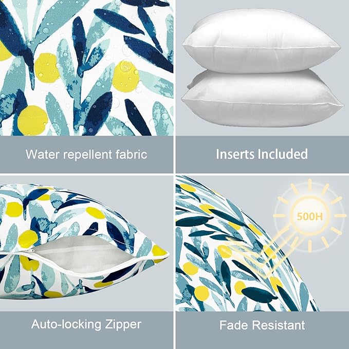 LVTXIII Outdoor Throw Pillows 18x18 Patio Waterproof Square Pillows with Piping Fade Resistant Accent Pillow for Spring Summer Garden Decoration, Set of 2, Leaves Multi