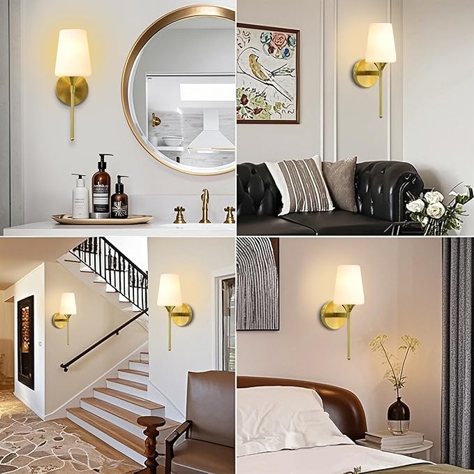 Wall Sconce Set of 2 Brushed Brass Glass Bathroom Vanity Light Fixtures Shade for Bedroom Living Room Hallway (1T 2Pack)