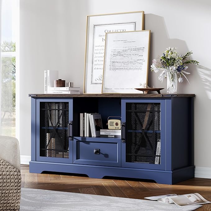 Entertainment Center Blue TV Stand with Charging Station Modern 55'' Television Stand Console with Adjustable Storage Shelves, Rustic Media Storage Cabinet for Living Room and Bedroom