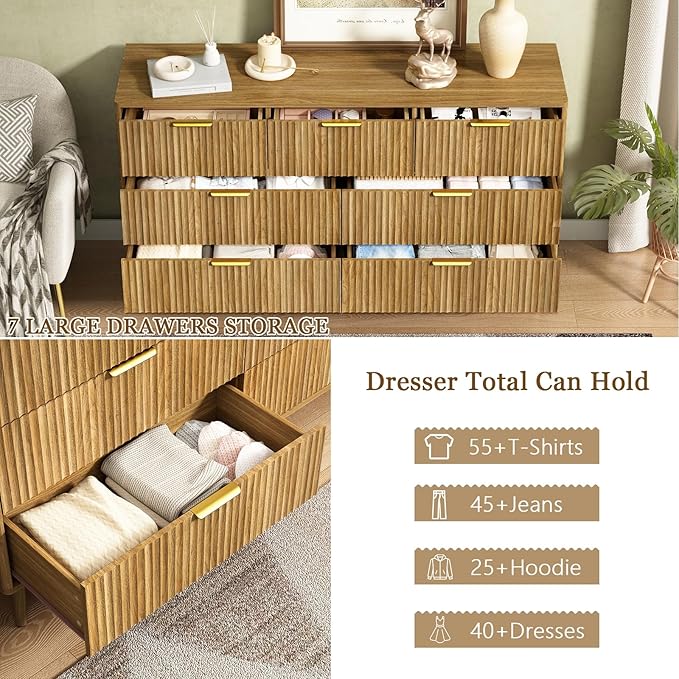 CARPETNAL Fluted 7 Double Drawers Dresser for Bedroom, 55”Wide Modern Chest of Drawers with Deep Drawers,Curved Profile Design, Wood Drawer Organizer for Living Room, Natural Oak