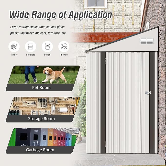 4x8 ft Lean to Shed, Outdoor Storage Shed with Lockable Door and Vents, Metal Storage Shed with 6 Vents, Outside Garden Tool Shed for Backyard, Patio, Wall Side Design (White)
