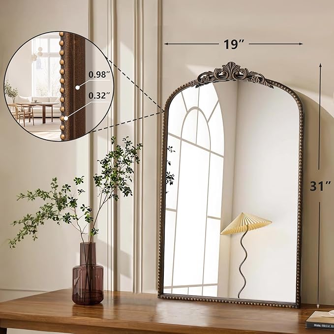 Micasso Traditional Arch Mirror, 31"x 19" Bronze Decorative Mirror with Metal Frame, Wall Mounted Mirror for Bathroom Bedroom Living Room Entryway, Home Wall Decor