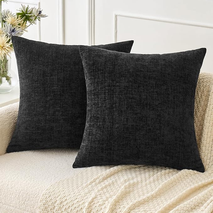 MIULEE Pack of 2 Black Throw Pillow Covers 16x16 Inch Soft Chenille Pillow Covers for Sofa Living Room Couch Solid Dyed Cases
