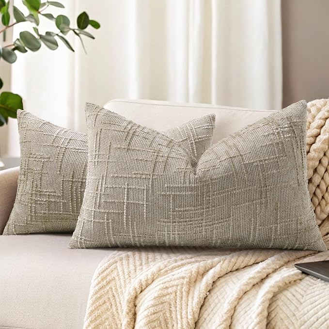 decorUhome Fall Light Brown Chenille Throw Pillow Covers 12x20 Set of 2 Thick Textured Slubby Couch Pillow Covers Farmhouse Accent Modern Neutral Decorative Pillow Cases for Bed Sofa Living Room