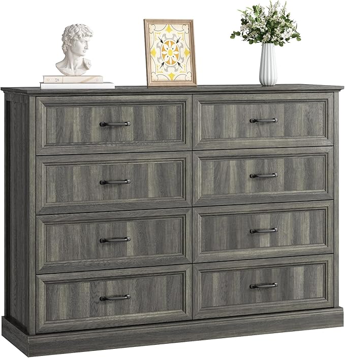 CARPETNAL Farmhouse 8 Drawer Dresser for Bedroom, 55 Inch Wide Modern Grey Dresser TV Stand with Large Drawers & Bar Handles, Rustic Wood Chest of Drawers for Bedroom, Living Room, Hallway, Entryway.